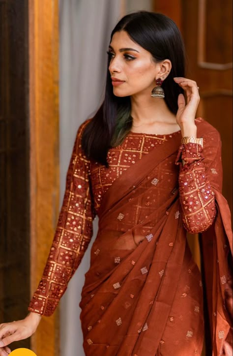 Terracotta Lehenga, Saree 2024 Trend, 2024 Saree Trends, Brown Saree Look, Saree Styles Wedding Traditional, Brown Saree Blouse, Casual Saree Look, Modern Saree Look, Saree Styles Modern