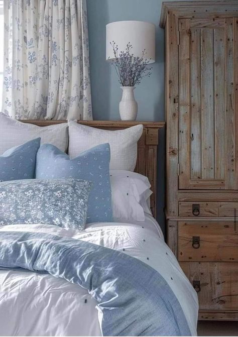 Farmhouse Bedroom With Blue Accents, Blue And White Coastal Decor, Blue Whimsical Bedroom, Cornflower Blue Bedroom Ideas, Beige White Blue Bedroom, Blue Calming Bedroom, Serene Blue Bedroom, Blue And White Cottage Bedroom, Cottagecore Bedroom Blue