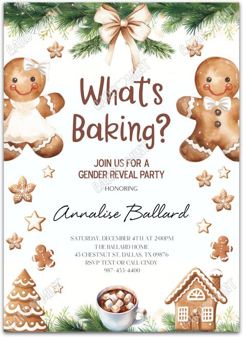 Quickly personalize. Includes matching thank you card.   Host a successful gender reveal starting with this gingerbread cookie brown invite!   You can edit this product yourself, during and/or after purchase. Print or send as an Evite.  Image watermarks will be removed after purchase.  The dimensions are 5"x7". Hot Coco Gender Reveal, Gender Reveal Ideas Holidays, Ginger Reveal Party Ideas, Gender Reveal Theme Winter, Build A Bear Gender Reveal, Gingerbread Gender Reveal Invitations, Gender Reveal Ideas Around Christmas, December Gender Reveal Themes, Gender Reveal Themes December