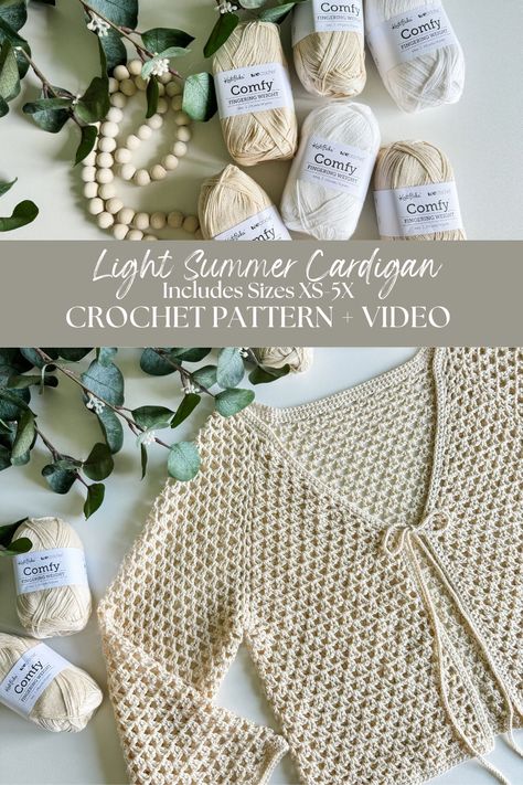 Crochet your own stylish and comfy summer cardigan with our pattern. Choose a 3/4 tie front or long-sleeve variation and add your personal touch. Crochet Sweater With Ties, Crochet Cardigan Tie Up, Light Crochet Cardigan Pattern Free, Crochet Bow Cardigan, Crochet Patterns Wearables, Crochet Cardigan Winter, Crochet Sweater Ideas Pattern, Crochet Tie Cardigan Pattern, Crochet Tie Front Cardigan Pattern Free