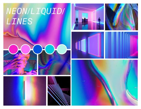 NEON LIQUID LINES moodboard Futuristic Moodboard Inspiration, Neon Mood Board, Neon Moodboard, Neon Pool Parties, Mood Board Layout, Circular Logo Design, City Branding, Neon Noir, Noir Color