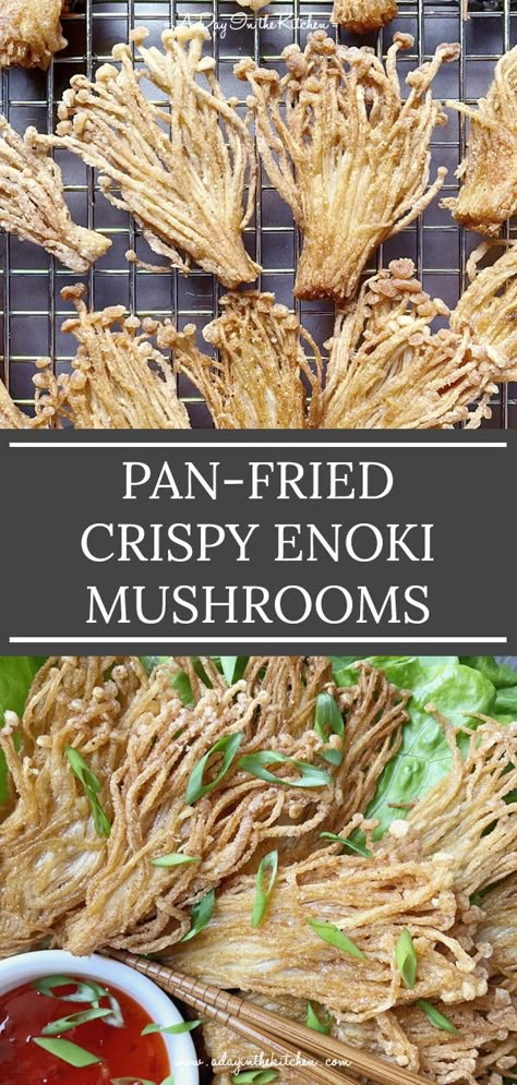 Baked Enoki Mushrooms, Mushroom Enoki Recipes, Vegan Enoki Mushroom, Easy Enoki Mushroom Recipe, Fry Mushroom Recipe, Pan Fried Enoki Mushrooms, Enoki Mushroom Recipe Vegan, How To Grow Enoki Mushrooms, Air Fryer Enoki Mushroom