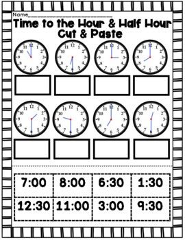 Learn to tell time to the hour and half hour with this cut and paste practice worksheet. #tellingtime #time #math Half Past The Hour Worksheets, Clock Activities For Kids, Homeschool Binder, Telling Time To The Hour, Math Worksheets For Kids, Fun Math Worksheets, Math Practice Worksheets, Learn To Tell Time, Time To The Hour