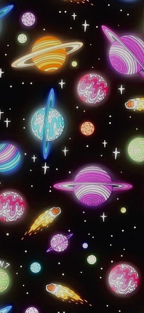 Neon Planets Wallpaper, Neon Colorful Aesthetic, Colorful Doodle Wallpaper, Y2k Space Wallpaper, Hyper Pop Wallpaper, Retro Space Aesthetic Wallpaper, Neon Space Wallpaper, Wallpaper Planets Aesthetic, Solar System Wallpaper Aesthetic