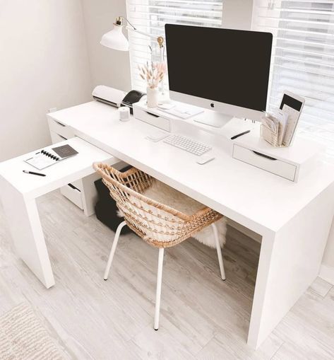 IKEA white minimalist pull out desk Ekby Ikea, Bureau Hack Ikea, Ikea Malm Desk, Linnmon Desk, Desk For Two, Ikea Desk Hack, Desk Hacks, Mobile Desk, Ikea Office