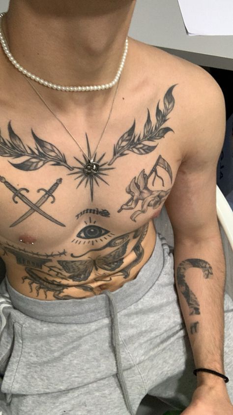 Meaningful Tattoos For Men, Full Chest Tattoos, Half Sleeve Tattoos Forearm, Tattoo Inspiration Men, Fire Tattoo, Chest Tattoos For Women, Chest Piece Tattoos, Chest Tattoo Men, Detailed Tattoo