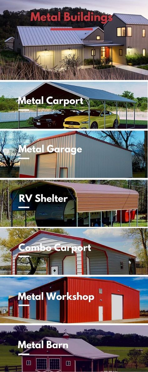 Design your metal building with highly qualified designers & engineers today. At Metal Carports Direct has a huge range of American made metal structures in residential and commercial building styles. Buy the perfect size for your specific needs. Get a cost estimate for metal building kit and supplies. #metalcarports #metalbuilding #metalgarages #metalbarns Metal Storage Building, Metal Building Prices, Metal Carport Kits, Prefab Metal Buildings, Commercial Steel Buildings, Metal Storage Buildings, Pre Engineered Metal Buildings, Residential And Commercial Building, Metal Garage Buildings