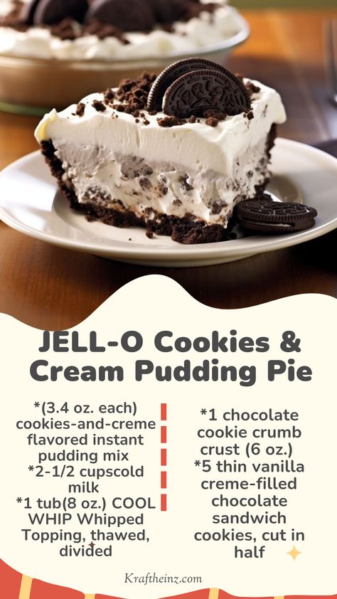 JELL-O Cookies & Cream Pudding Pie: A decadent dessert featuring cookies-and-cream flavored pudding, COOL WHIP, and chocolate cookie crust. Garnished with vanilla creme-filled chocolate sandwich cookies. Oreo Pudding Pie, Cookies And Cream Pie, Cookies And Cream Pudding, Jello Pudding Recipes, Cookie Crumb Crust, Jello Cookies, Snickers Cookies, Cream Pie Filling, Crumb Crust