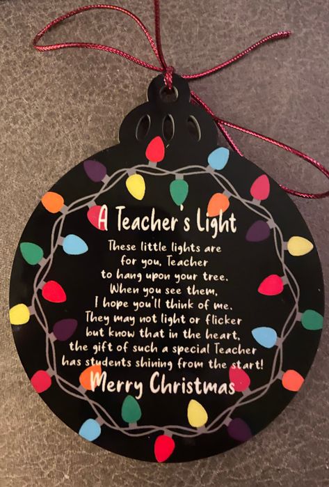 A Teacher’s Light Ornament by ShadesJewelryGifts on Etsy Funny Christmas Greetings, Ornament For Teacher, Vinyl Ornaments, Teacher Gift Christmas, School Christmas Party, Teacher Holiday Gifts, Appreciation Gifts Diy, Handprint Ornaments, Teacher Appreciation Gifts Diy