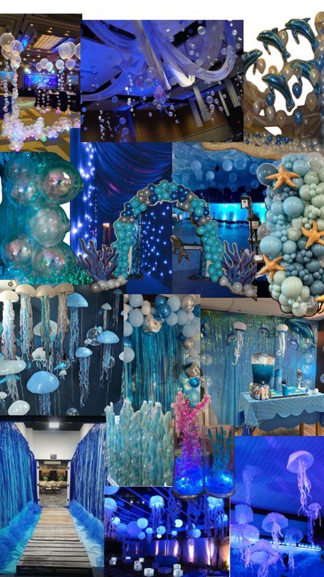 Prom Dance Themes, Under The Sea Quinceanera Theme, Prom Theme Decorations, Debut Theme, Prom Planning, Homecoming Themes, Middle School Dance, Under The Sea Decorations, Ocean Birthday Party