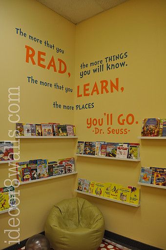 idecor8walls | Commercial Preschool Reading Corner, Reading Corner Classroom, Daycare Rooms, Day Care Ideas, Seuss Classroom, Preschool Rooms, Family Day Care, Daycare Room, Preschool Reading