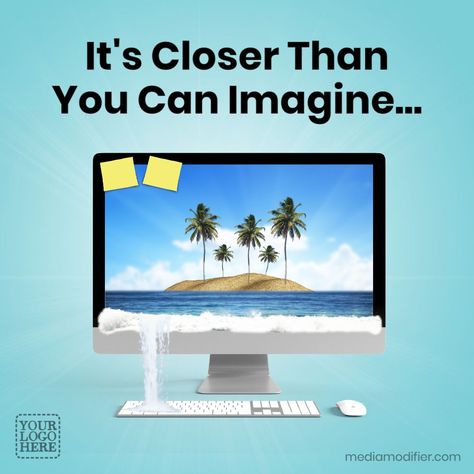 A creative summer and holiday themed banner template with a computer monitor and a beautiful island on the screen. Vacation Creative Ads, Resort Creative Ads, Hotel Creatives, Prezi Templates, Book Cover Design Template, Social Media Marketing Instagram, Creative Advertising Design, Holiday Hotel, Marketing Instagram