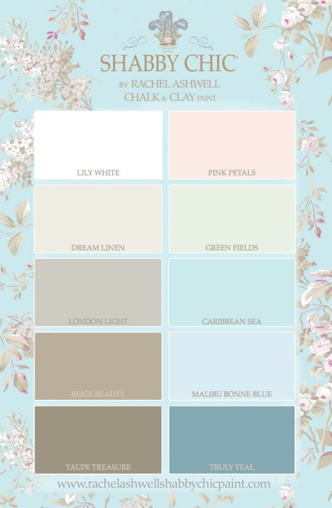 Introducing SHABBY CHIC® by Rachel Ashwell Chalk and Clay Paint - Bungalow 47 Shabby Chic Bedrooms Decorating Ideas, Shabby Chic Color Palette, Camera Shabby Chic, Chic Color Palette, Muebles Shabby Chic, Shabby Chic Colors, Shabby Chic Bathrooms, Styl Shabby Chic, Shabby Chic Decor Bedroom