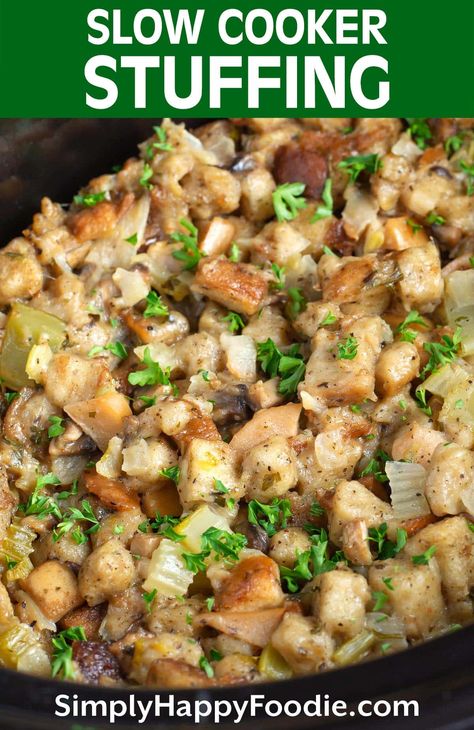 Easy Slow Cooker Stuffing is a great way to make your Thanksgiving dressing recipe without needing your oven. This crockpot stuffing recipe is full of flavor and is delicious. This is also called Slow Cooker Dressing simplyhappyfoodie.com Slow Cooker Stuffing Thanksgiving, Crockpot Stuffing Thanksgiving, Stuffing Recipes Crockpot, Turkey Dressing Recipe, Crockpot Thanksgiving, Crockpot Stuffing, Vegetarian Stuffing, Turkey Stuffing Recipes, Sausage Stuffing Recipe