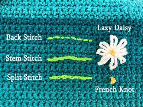 How to: Embroidering on Crochet - Winding Road Crochet Embroider On Crochet, Learn To Embroider, Winding Road Crochet, Crochet Stitches Symbols, Slip Stitch Crochet, Crochet Embellishments, Learning To Embroider, Beginner Crochet Tutorial, Crochet Bouquet