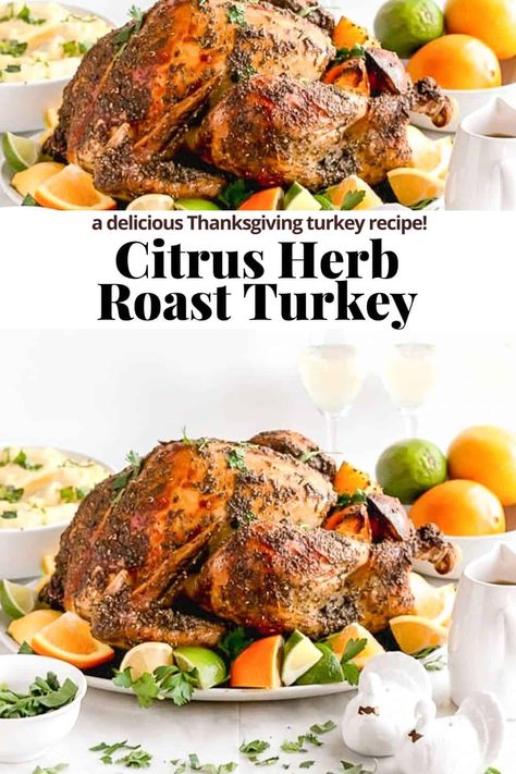 Herb-Citrus Roasted Thanksgiving Turkey - an easy to make Thanksgiving Turkey that turns out EVERY TIME! So delicious! #herbcitrusroastedturkey #citrusandherbroastedturkey #herbandcitrusbutterroastedturkey Electric Roasted Turkey Recipes, Turkey Flavor Ideas, While Turkey Recipe, Healthy Thanksgiving Turkey Recipes, How To Make Thanksgiving Turkey, What To Season A Turkey With, Turkey Seasoning Thanksgiving, Marinating Turkey Thanksgiving, What To Stuff Turkey With For Flavor