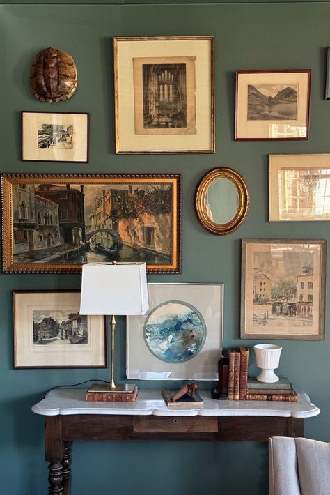 fran-keenan-gallery-wall-copy Sitting Room Gallery Wall, Old World Gallery Wall, Gallery Wall Of Paintings, Gallery Wall Above Bench, Curated Gallery Wall, Small Vintage Gallery Wall, Layered Gallery Wall, Tiny Gallery Wall, Vintage Family Photo Wall