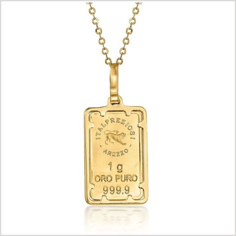 Italian 24kt Yellow Gold 1-Gram Ingot Pendant Necklace With 14kt Yellow Gold Frame. 18 inches Gold Bar Pendant Necklace, Gold Ingot, Gold Bar Pendant, Blue Topaz Pendant Necklace, Triple Hoop Earrings, Gold Sunburst, Gold Chandelier Earrings, Twisted Bangle, Resin Bangles