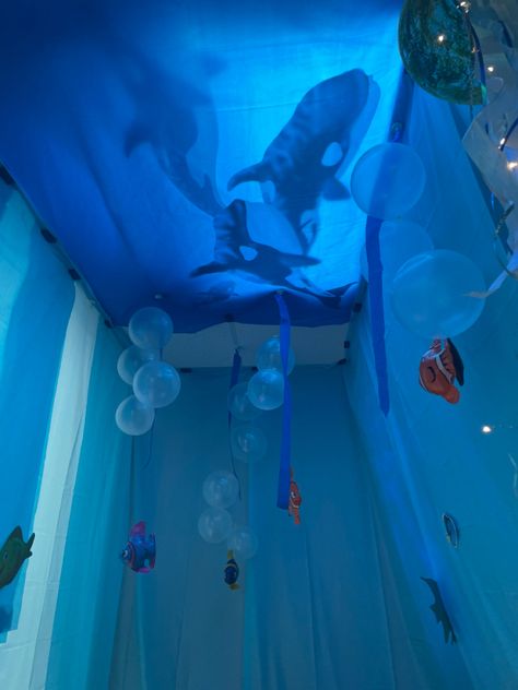 Ocean, whales, relaxing, reading center, light Ocean Themed Rooms Aesthetic, Sea Themed Dorm Room, Deep Ocean Themed Bedroom, Ocean Theme Room Aesthetic, Aquatic Theme Bedroom, Ocean Bedroom Themes, Ocean Ceiling Decoration, Underwater Bedroom Aesthetic, Jelly Fish Themed Room