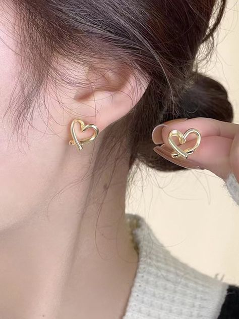 Yellow Gold  Collar  Zinc Alloy   Embellished   Women's Fashion Jewelry Minimalist Earrings Studs Modern, Unique Gold Earrings, Simplistic Jewelry, Stylish Jewelry Accessories, Necklace For Neckline, Minimalist Ear Cuff, Gold Heart Earrings, Women Stud Earrings, Pretty Jewelry Necklaces