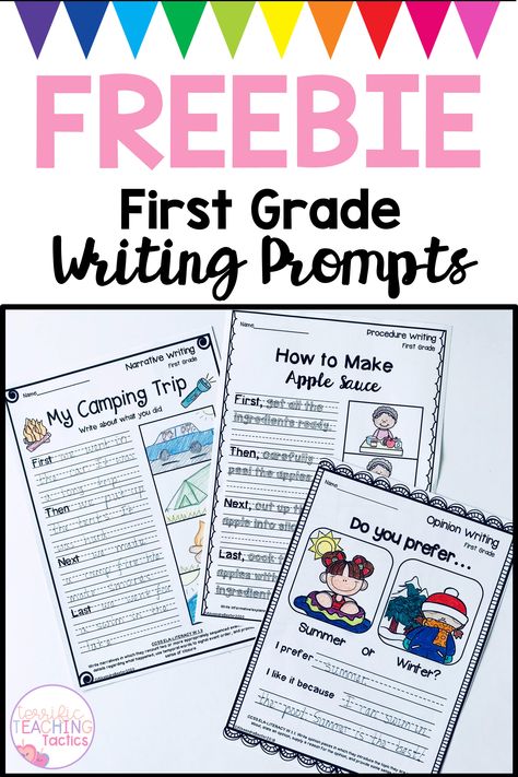 Picture of 3 worksheets, they are 1st grade writing activities. Title reads 'freebie first grade writing prompts'. My camping trip, how to make apple sauce, and do you prefer summer or winter. First Grade Writing Prompts, Creative Writing Ideas, Primary Writing, Nonfiction Writing, 1st Grade Writing, First Grade Writing, Elementary Writing, Literacy Lessons, First Grade Activities