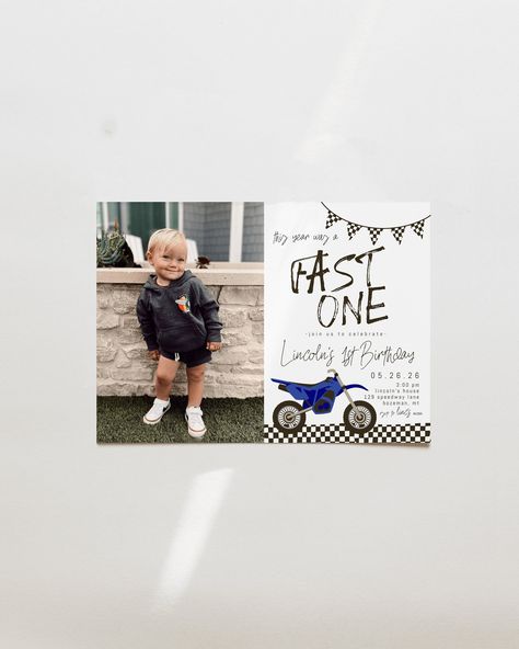 Dirt Bike First Birthday Party, Dirt Bike Themed Birthday Party, Fast One Birthday Invitation, Han Birthday, Race Car 1st Birthday Invitations, 1st Birthday Car Theme Invitation, Dirt Bike Party Invitations, Racing Car Birthday Invitation, Blue Dirt Bike