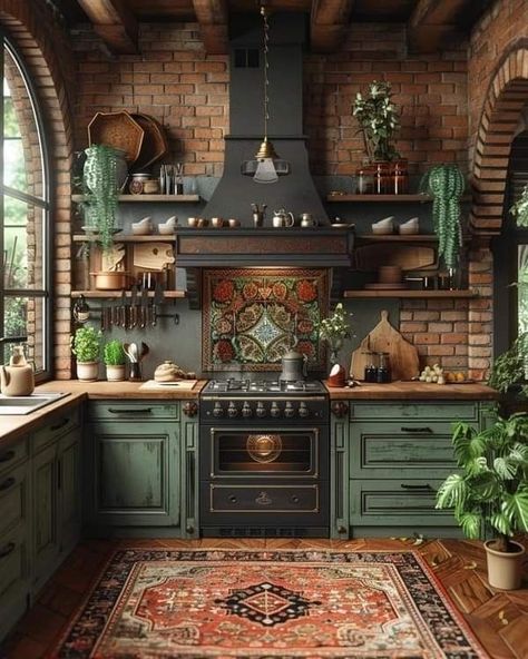 70s Kitchen Aesthetic, Whimsigoth Kitchen, Witchy Kitchen Aesthetic, Grunge Kitchen, House Flipper Ideas, Hippie Kitchen, Theme House, Witchy Kitchen, House Flipper