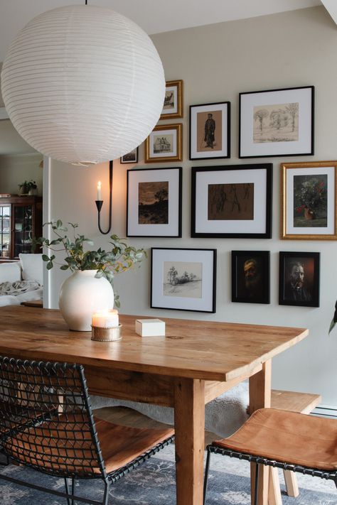 Create a Collected Gallery Wall Look | liannecarey.com Dining Room Wall Frames Ideas, Console Table Decorating Gallery Wall, Dining Room Two Mirrors, Gallery Wall Dining Room Modern, Dining Room Wall Gallery Ideas, Family Photo Dining Room Wall, Gallery Wall Contemporary, Kitchen Nook Gallery Wall, Walk Through Dining Room Ideas