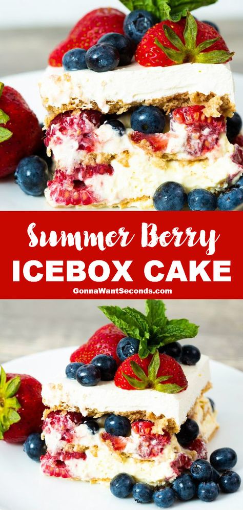 Dairy Free Fourth Of July Dessert, Summer Berry Icebox Cake, Berry Icebox Cake, Blue Recipes, Berry Desserts, Strawberries And Blueberries, Icebox Cake Recipes, Country Fried, Patriotic Desserts