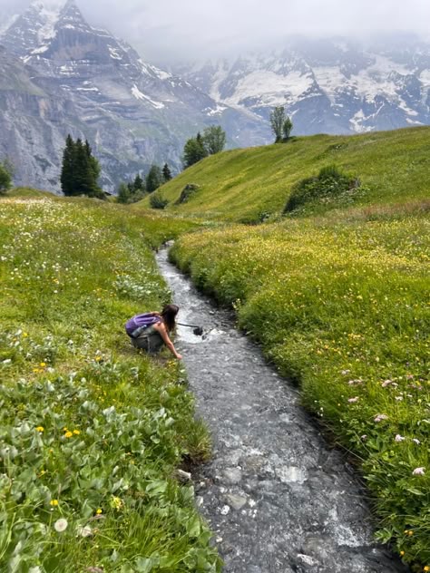 The Alps Switzerland, Mountains In Switzerland, Swiss Alps Spring, Swiss Hiking Outfit, Hiking In The Alps, Swiss Alps Aesthetic Summer, Italian Alps Aesthetic, The Swiss Alps, Backpacking Across Europe Aesthetic