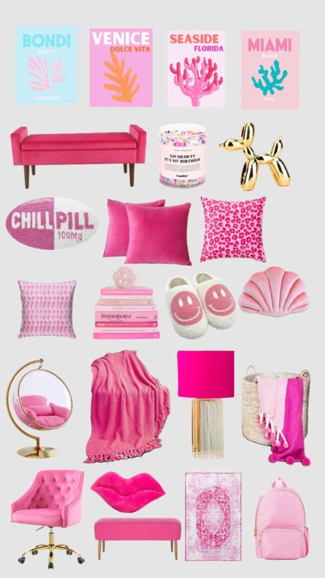 Preppy pink room decoration Preppy Room Furniture, Preppy Tv Room, Preppy Summer Room Decor, Preppy Room Decor Shein, Pink And Gold Preppy Room, Preppy Accent Wall Bedroom, Pink Aesthetic Bedroom Ideas Preppy, Preppy Room Mood Board, Preppy Pink Room Decor