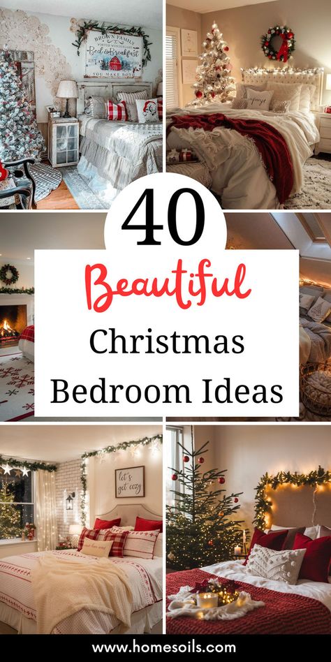 Create a festive haven with 40 beautiful Christmas bedroom ideas filled with holiday magic! Get inspired to transform your space—visit our site now! How To Fall Asleep On Christmas Eve Night, Holiday Bedroom Decorating Ideas, Christmas Decorations In Bedroom, Christmas Lights Bedroom Ideas, Decorating Bedrooms For Christmas, Elegant Christmas Bedroom, Pastel Christmas Bedroom, Decorating A Bedroom For Christmas, Christmas Decorating Ideas For Bedroom