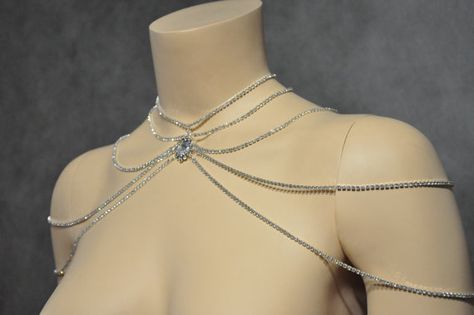 etsy Body Chain Jewelry Silver, Diy Body Chain, Chest Necklace, Crystal Body Chain, Shoulder Chain Jewelry, Thigh Chain, Shoulder Jewelry, Shoulder Necklace, Pretty Jewelry Necklaces