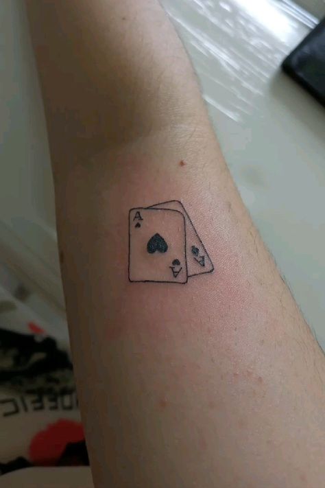 2 Of Spades Tattoo, 2 Cards Tattoo, Sibling Card Tattoos, Ace Card Tattoo Design For Women, Card Deck Tattoo Design, 2 Playing Cards Tattoo, Minimalist Playing Card Tattoo, 9 Of Hearts Tattoo, 7 2 Card Tattoo