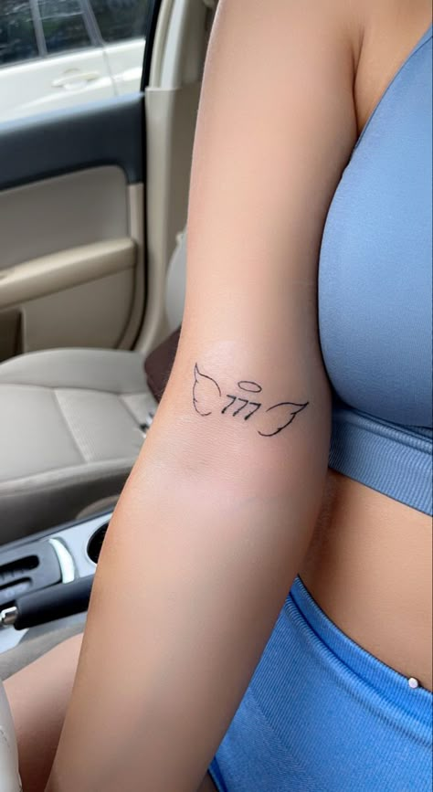 Angel Wing Design Tattoo, Angel And Angel Number Tattoo, Cute Angel Number Tattoos, Number With Angel Wings Tattoo, Angel Wings 444 Tattoo, 444 Tattoo With Wings, Angel Number With Wings Tattoo, 777 Tattoo Ideas Women, Arm Tattoos For Women Angel