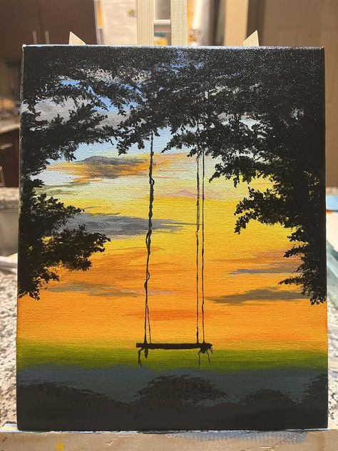 Easy Nature Paintings On Canvas, Simple Nature Paintings Acrylic, Painting Landscape Acrylic, Simple Acrylic Paintings For Beginners, Sunsets Paintings, Relaxing Paintings, Painting Ideas Sunset, Sunset Painting Canvas, Acrylic Sunset Painting