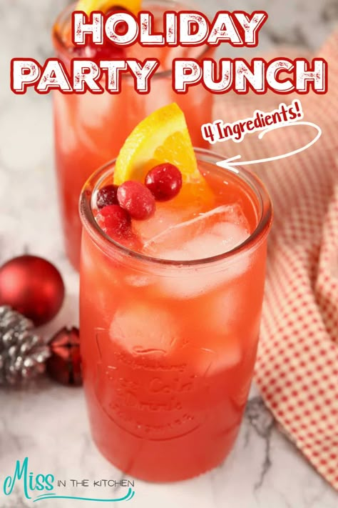 Holiday Party Punch is great for holiday celebrations, parties and family gatherings. Only 4 ingredients in this red party punch that everyone can enjoy! The Best Party Punch Ever, Liquor Punch Recipes Party Drinks, Red Party Punch Non Alcoholic, Punch Using Hawaiian Punch, Retirement Punch Recipes, Punch Drinks Party, Family Punch Recipe, Non Alcoholic Punches For Parties, Drinks To Make For A Party