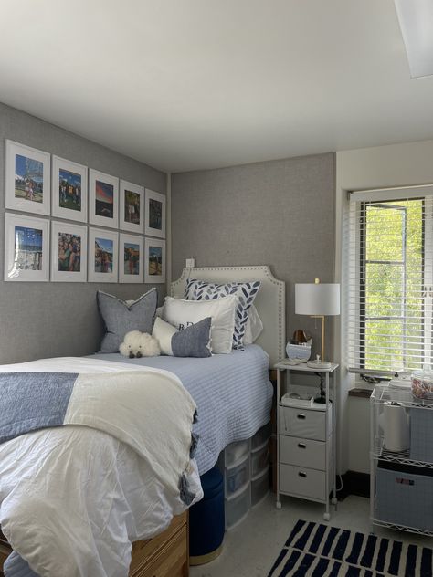 Gray College Dorm Room, Dorm Room Grey And White, Beachy College Dorm Room Ideas, Dorm Room Beach Theme, Blue And Grey Dorm Room Aesthetic, Blue White And Grey Dorm Room, College Dorm 2023, Dorm Room Ideas Coastal Grandma, Dorm Color Ideas