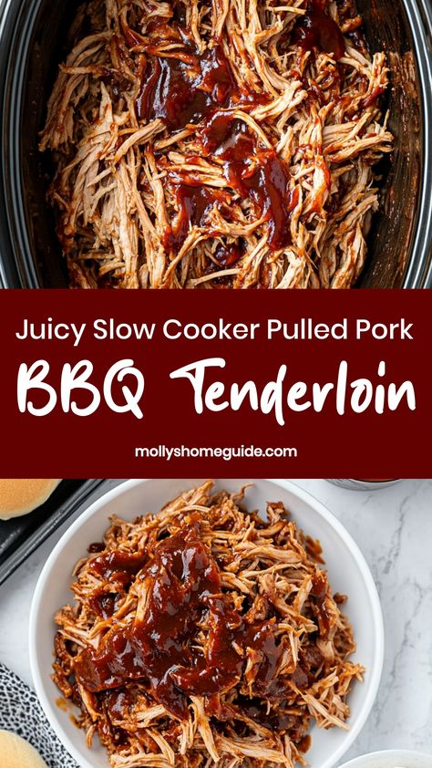 Indulge in the juicy and flavorful goodness of slow cooker pulled pork BBQ tenderloin! This easy-to-make dish is perfect for family dinners, gatherings, or meal prepping. Let your slow cooker do all the work as the tender pork loin cooks to perfection, seasoned with your favorite BBQ sauce. The melt-in-your-mouth texture and mouthwatering aroma will have everyone asking for seconds. Pork Loin Barbecue In Crockpot, Pulled Pork Crock Pot Recipes Gluten Free, Pork Tenderloin Pulled Pork Oven, Bbq Tenderloin Crockpot, Easy Shredded Pork Recipes Crockpot, Slow Cooker Bbq Pork Tenderloin, Barbecue Pork Tenderloin Crockpot, Pork Tenderloin Shredded Crock Pot, Pull Pork Tenderloin Crock Pot