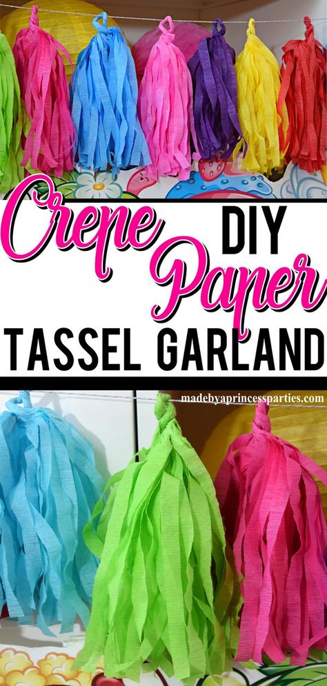 It's easy to make your own tissue paper tassels and even easier to make a tassel garland using crepe paper streamers. Get ready to get creative! Crepe Paper Streamers Ceiling, Things To Make With Streamers, Diy Tassel Garland Yarn, Paper Tassels Decoration, Crepe Paper Tassel Garland, Tissue Paper Streamers, How To Make Streamers, Street Festival Decorations, How To Decorate With Crepe Streamers