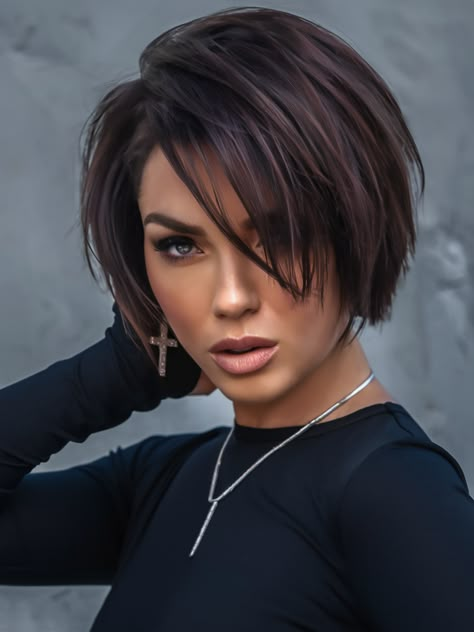 Big Short Hair Styles, Short Hair Winter Hairstyles, Short Bobs Back View, Short Trending Haircuts, Short Brunette Hair With Lowlights, Winter Bob Hair, Short Layered Dark Hair, Neck Haircut, Short Haircuts For Square Face Shape