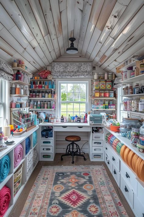 Garage Craft Room Conversion, Sewing Art Room, She Shed Art Studio Ideas, Shabby Chic She Shed Interior, Organization Ideas For Craft Supplies, Craft Shop Ideas, Bead Room Ideas, Home Craft Room Ideas, She Sheds Ideas Interior