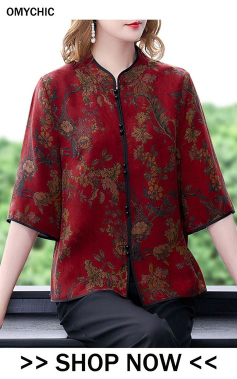 Elegant Red Stand Collar Print Silk Shirts Half Sleeve Silk Shirt Printed, Designer Shirts Women, Silk Prints, Chinese Shirt, Stylish Kurtis Design, Silk Shirts, Simple Kurta Designs, Dress Batik, Pattern Dress Women