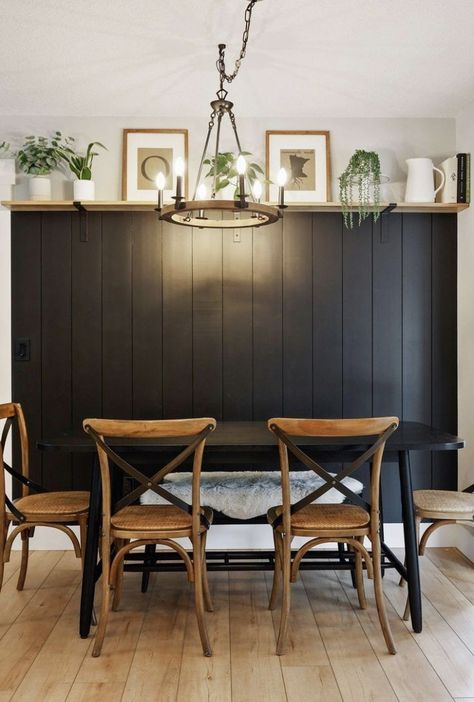 Statement Dining Room Wall, Black Panel Wall Dining Room, Dark Accent Wall Kitchen, Boho Dining Room Accent Wall, Dining Nook Accent Wall, Small Dark Dining Room, Dining Accent Wall Ideas, Panel Wall Dining Room, Dining Room Black Accent Wall