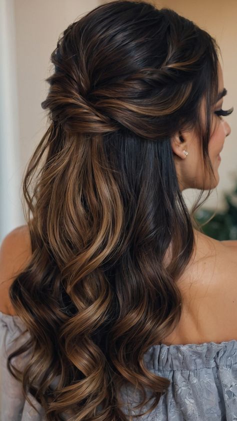 Long Hair Styles Bridesmaid, Bridesmaid Hair Brown Long, Half Up Half Down With Hair Piece, Formal Hair Long Down, Wedding Hairstyles For Long Hair Brown, Part Up Part Down Wedding Hair, Wedding Hair Styles Bridesmaid, Hairstyles For Medium Length Hair Curly Soft Curls, Ponytail Styles For Wedding