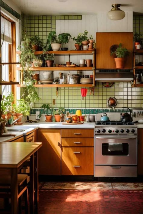 Artistic Kitchen Ideas, Portuguese Design Interiors, Cottage Core Cabinets, Square Tile Kitchen, Vintage Kitchen Inspiration, Whimsy Kitchen, Budget Apartment Decorating, Orange And Green Kitchen, Green Kitchen Red Accents