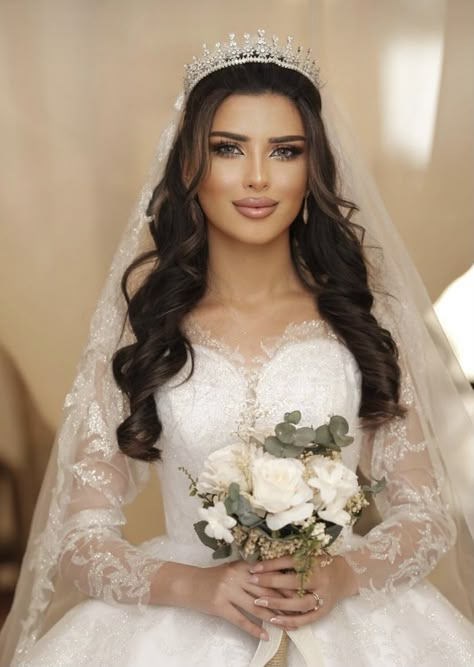 Hair Styles With Tiara For Bride, Bride Crown With Veil Hair Down, Wedding Veils With Crown, Wedding Hairstyles With A Crown, Bridal Hair Down With Veil And Tiara, Bridal Crown And Veil Hair Down, Wedding Day Hairstyles With Veil, Wedding Hair Styles With Tiara, Half Up Half Down Wedding Hair With Crown And Veil