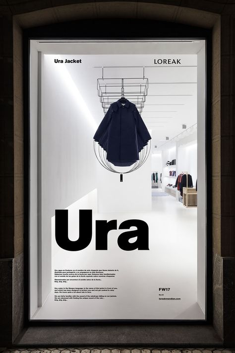 Sleek white walls and jagged volumes become editorial background in apparel brand Loreak’s store design by Pensando en Blanco. Graphic Layout, Window Display Design, Store Window, Shop Window Design, Retail Store Design, Retail Interior, Store Interior, Window Installation, Signage Design