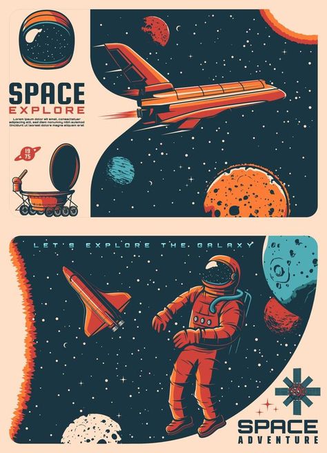 Astronaut and spaceship in outerspace Outer Space Graphic Design, Space Comic Art, Nasa Graphic Design, Astronaut Icon, Nasa Illustration, Doodle Space, Drink Branding, Retro Astronaut, Spaceship Illustration