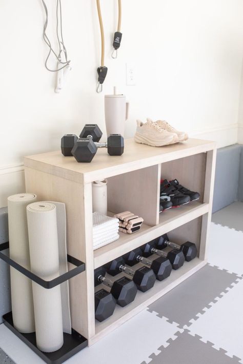 Small Workout Corner In Bedroom, Sports Corner In Room, Home Gym Shelf Ideas, Workout In Garage, Gym Room Organization, Cute Workout Rooms Home Gyms, Home Office Craft Room Gym, Neutral Home Gym Aesthetic, Gym Tools At Home